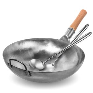 yosukata silver round bottom wok pan – 14" woks and stir fry pans 17’’ wok spatula and ladle - set of 2 heat-resistant wok tools - universal wok ladle flat bottom pow wok