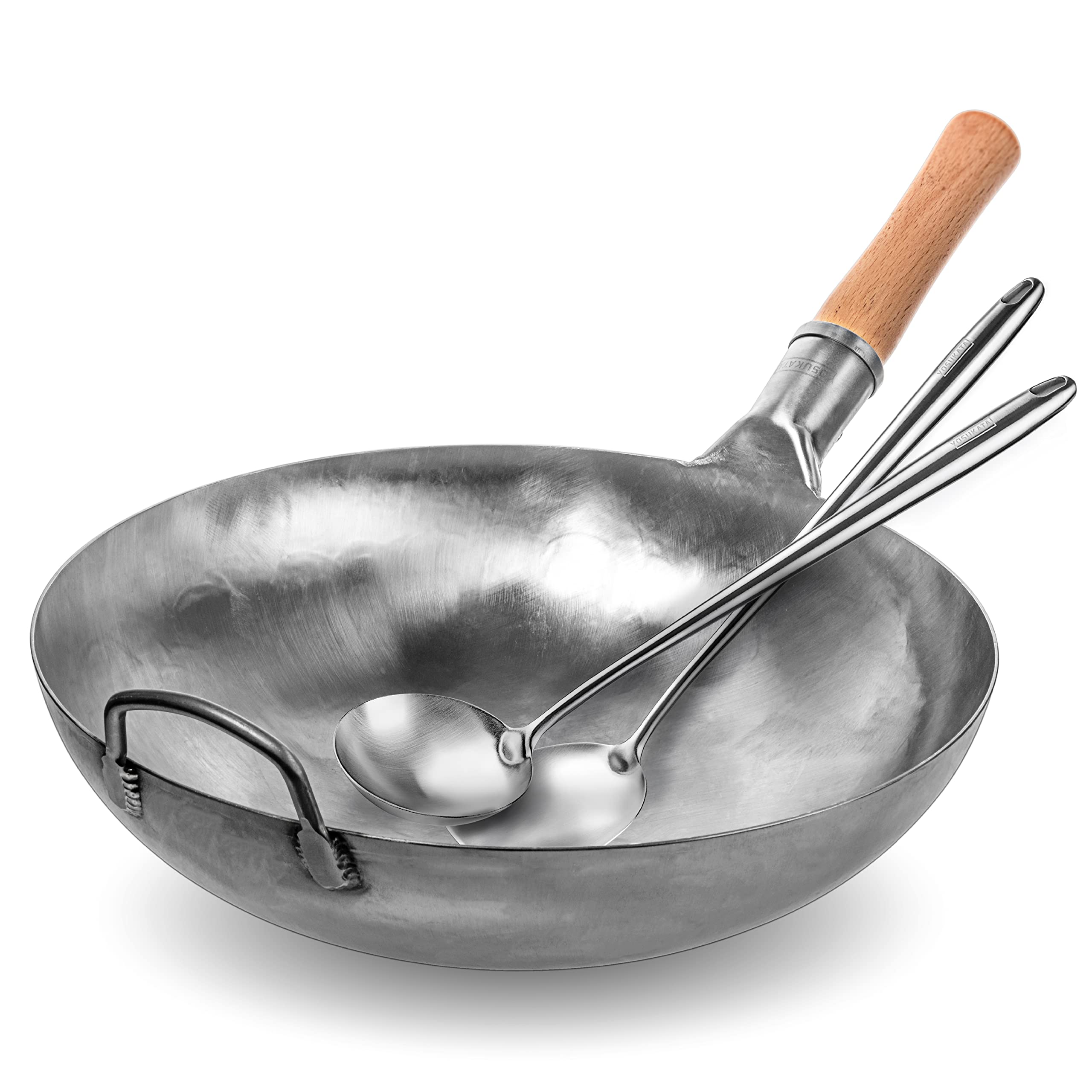 YOSUKATA Silver Round Bottom Wok Pan – 14" Woks and Stir Fry Pans 17’’ Wok Spatula and Ladle - Set of 2 Heat-Resistant Wok Tools - Universal Wok Ladle Flat Bottom Pow Wok