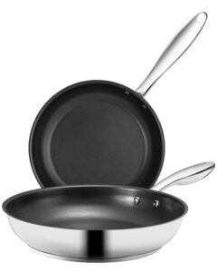 oaksware 3-piece set, 9.5-inch and 11-inch nonstick stainless steel fry pans with ergonomic handle, oven and dishwasher safe