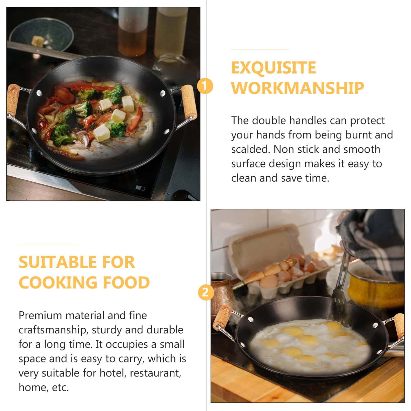 DOITOOL Japanese Shabu Pot Carbon Steel Wok Pan Stir Fry Pans with Wooden Handle Stainless Steel Pot Kitchen Cookware 9 X 11 Inch Japanese Soup Pots