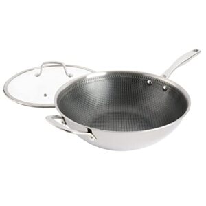 kenmore elite luke hybrid 12" tri-ply stainless steel pfoa free nonstick wok w/lid, metal utensil safe