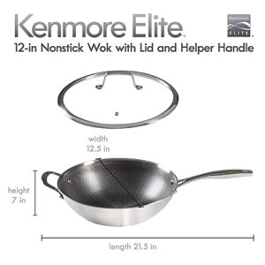 Kenmore Elite Luke Hybrid 12" Tri-Ply Stainless Steel PFOA Free Nonstick Wok W/Lid, Metal Utensil Safe