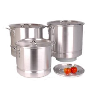 9819 uniware® professional aluminum stock pot with steamer set of 3, 64 qt, 84 qt, 100 qt