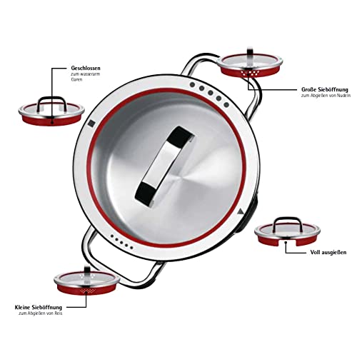 WMF cookware Ø 24 cm approx. 5,7l Function 4 Inside scaling lid - pour off or decant liquids without spilling to keep your dishes and cooker clean. Made in Germany hollow side handles glass lid