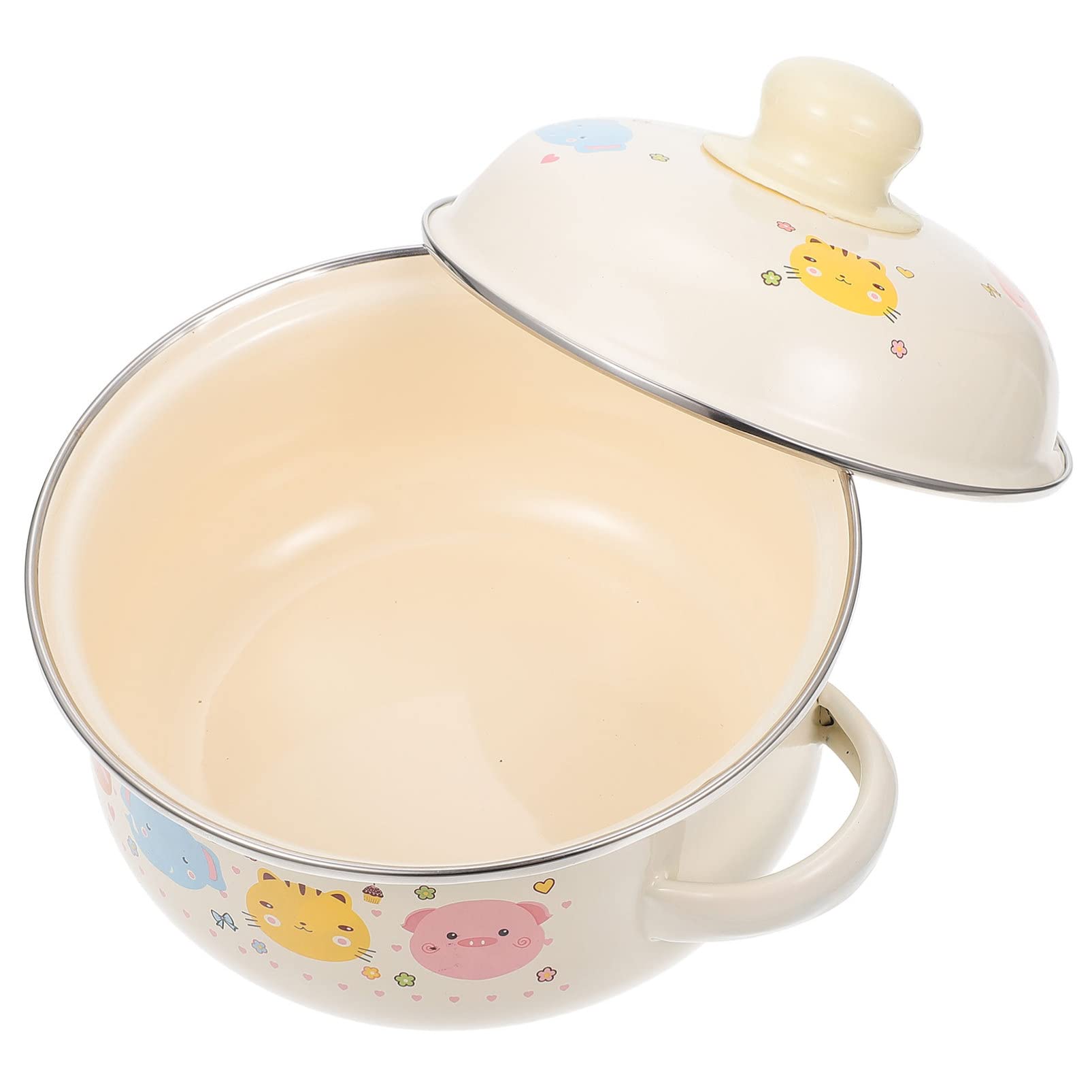 Stovetop Ceramic Cookware Enamel Milk Pot Stew Pot: Dual Handle Soup Bowl Stovetop Milk Cooking Bowl Kitchen Flat Bottom Pan with Lid Cover Pets Pattern Steam Soup Pot