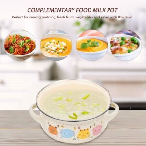 Stovetop Ceramic Cookware Enamel Milk Pot Stew Pot: Dual Handle Soup Bowl Stovetop Milk Cooking Bowl Kitchen Flat Bottom Pan with Lid Cover Pets Pattern Steam Soup Pot