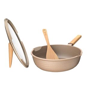 taste plus deep frying pan with glass lid, small skillets nonstick with lid,small saute pan with wooden handle 9.5inch