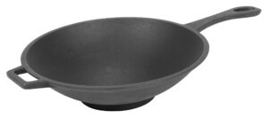 bayou classic 7437 cast iron wok w/ helper handle features sloping sides and rounded interior perfect for traditional stir fry