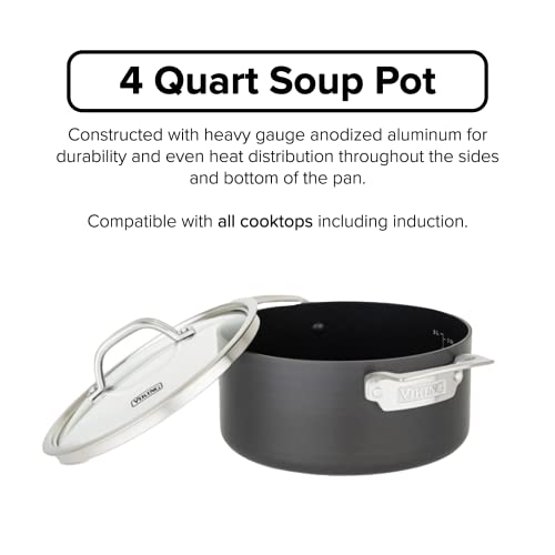 Viking Culinary Hard Anodized Nonstick Soup Pot, 4 Quart, Includes Glass Lid, Dishwasher, Oven Safe, Works on All Cooktops including Induction