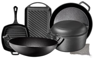 pre seasoned cast iron 7 piece bundle gift set, double dutch, rectangular grill pan, wok, large skillet, square grill pan & chainmail, camping cookware set