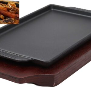 Ebros Personal Size Cast Iron Sizzling Fajita Pan Skillet Japanese Steak Plate With Wood Underliner Base Restaurant Home Kitchen Cooking Supply (Rectangular 9.25"L X 5.25"Wide)