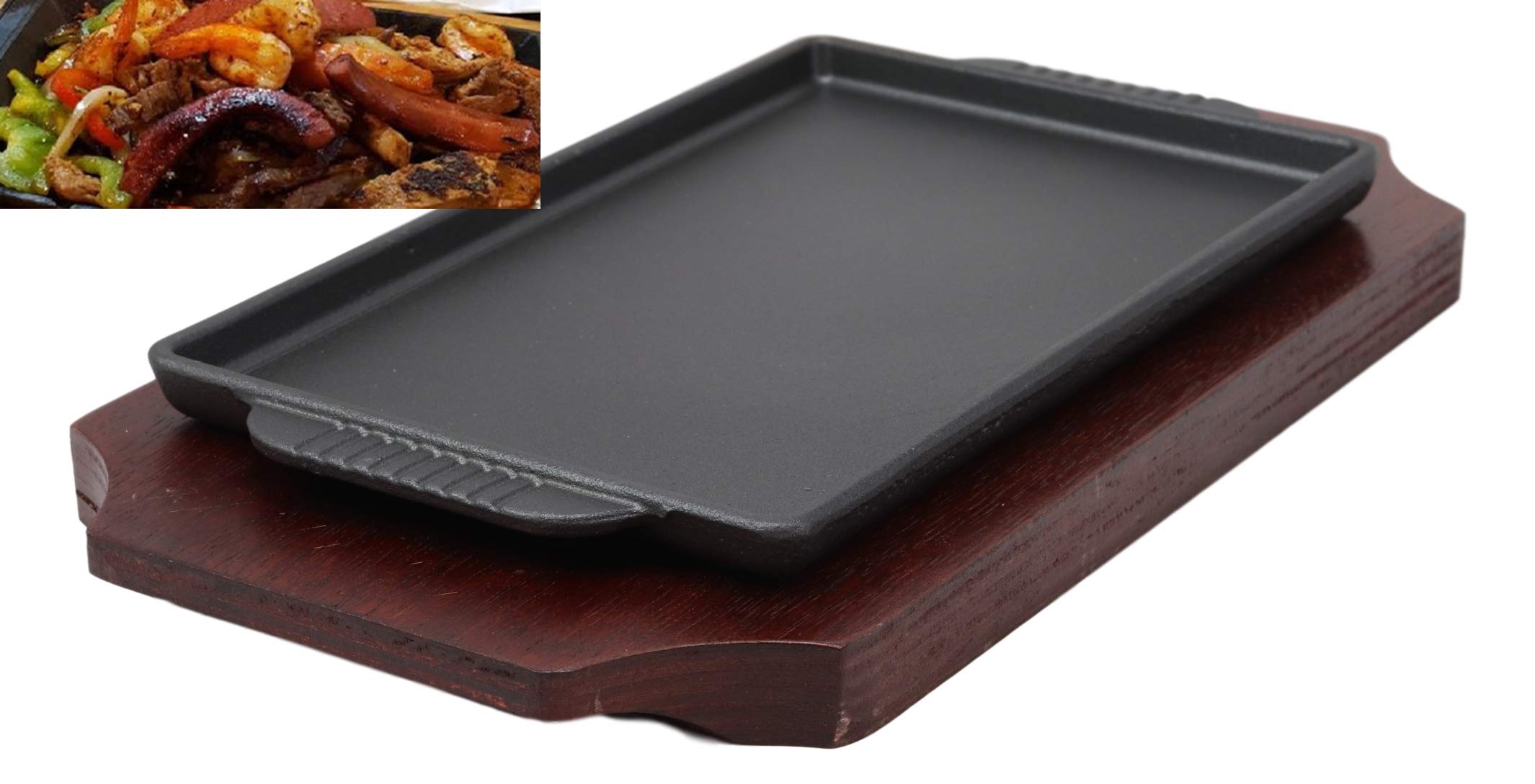 Ebros Personal Size Cast Iron Sizzling Fajita Pan Skillet Japanese Steak Plate With Wood Underliner Base Restaurant Home Kitchen Cooking Supply (Rectangular 9.25"L X 5.25"Wide)