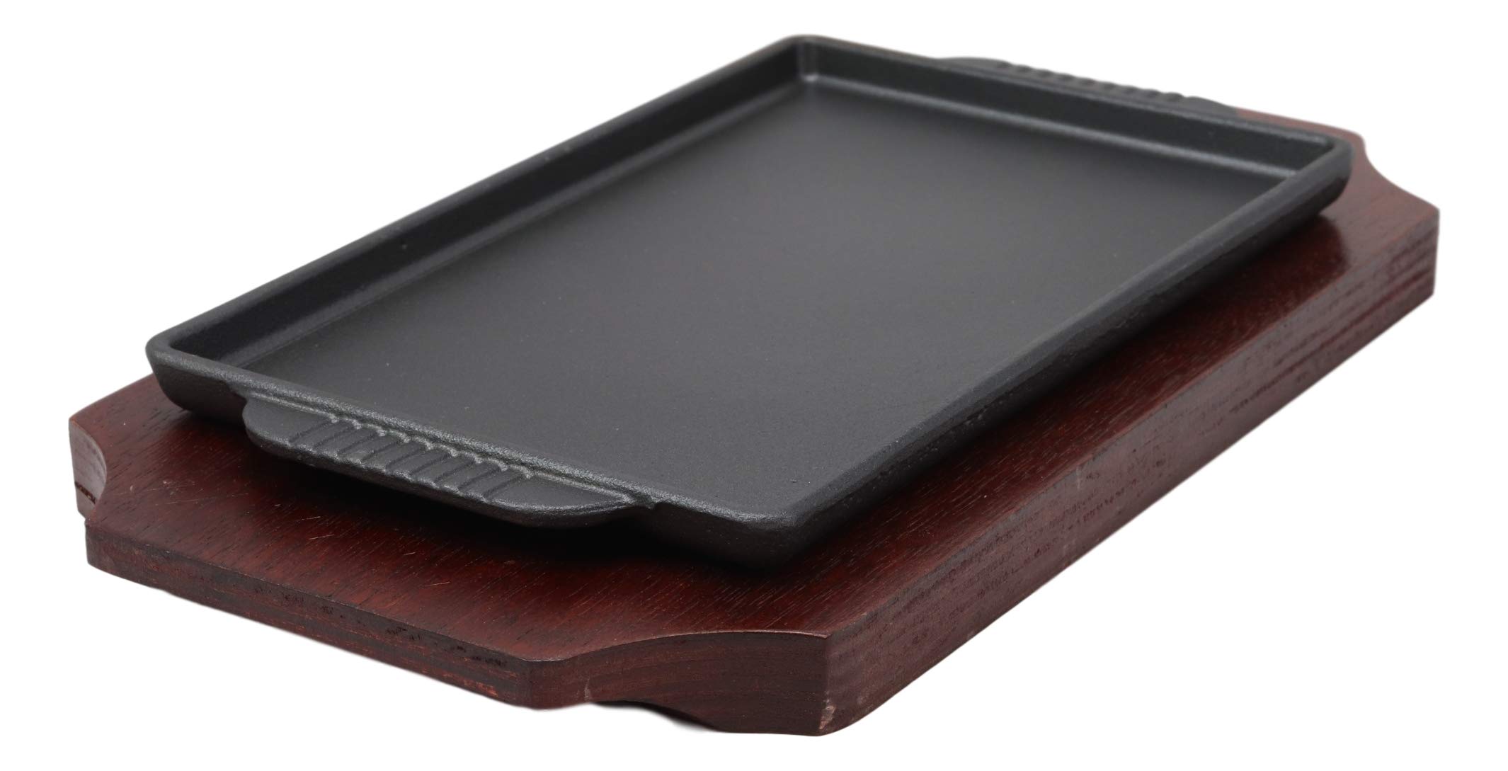 Ebros Personal Size Cast Iron Sizzling Fajita Pan Skillet Japanese Steak Plate With Wood Underliner Base Restaurant Home Kitchen Cooking Supply (Rectangular 9.25"L X 5.25"Wide)