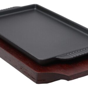 Ebros Personal Size Cast Iron Sizzling Fajita Pan Skillet Japanese Steak Plate With Wood Underliner Base Restaurant Home Kitchen Cooking Supply (Rectangular 9.25"L X 5.25"Wide)