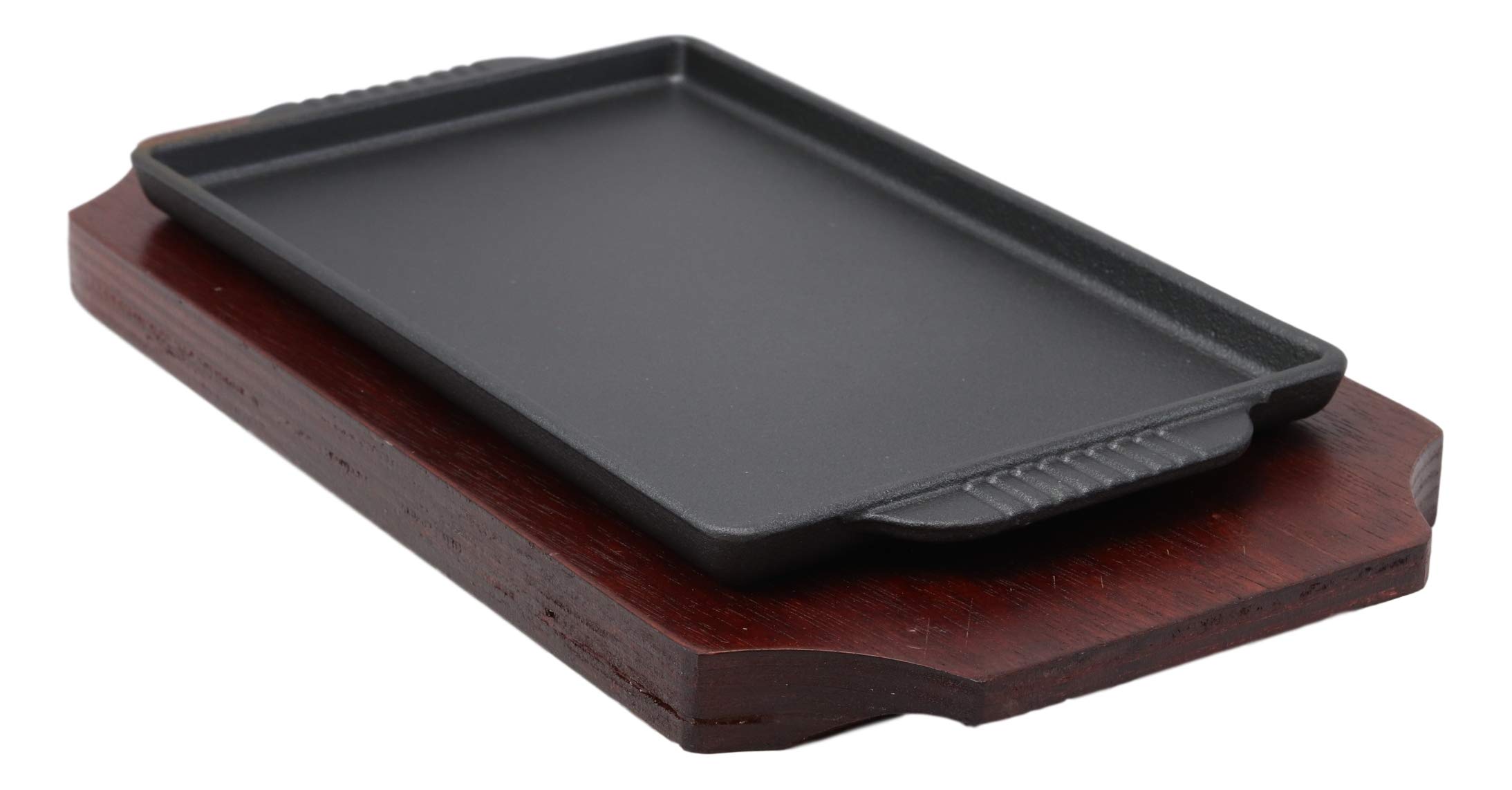 Ebros Personal Size Cast Iron Sizzling Fajita Pan Skillet Japanese Steak Plate With Wood Underliner Base Restaurant Home Kitchen Cooking Supply (Rectangular 9.25"L X 5.25"Wide)