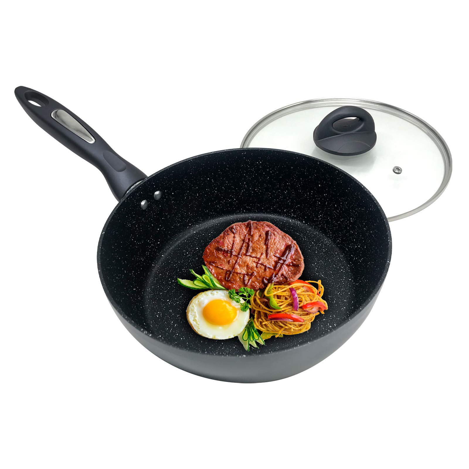 Nonstick Deep Frying Pan Saute Pan with Lid and Ergonomic Handle Skillet Omelet Fry Pan Nonstick Cookware Maifan Stone Pan 9.5Inch 3Qt