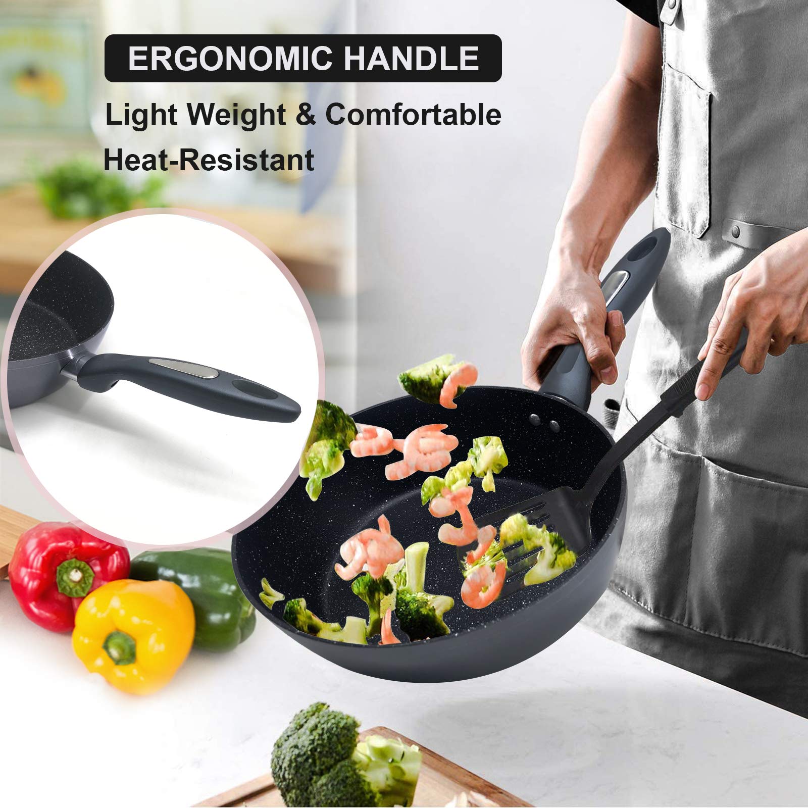 Nonstick Deep Frying Pan Saute Pan with Lid and Ergonomic Handle Skillet Omelet Fry Pan Nonstick Cookware Maifan Stone Pan 9.5Inch 3Qt