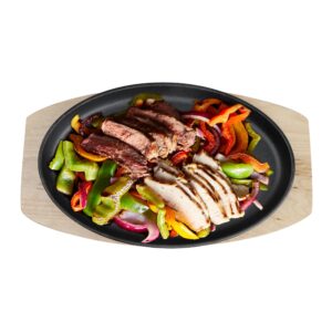lot45 cast iron fajita sizzling pan- 10in hot dish sizzling plate serving platter with wooden base plate, steak skillet
