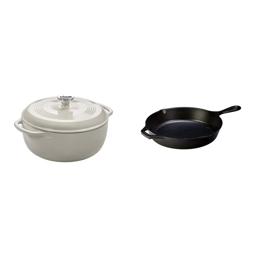 Lodge 6 Quart Enameled Cast Iron Dutch Oven with Lid + Lodge 10.25 Inch Cast Iron Pre-Seasoned Skillet