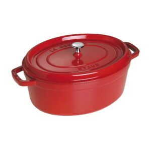 staub cast iron dutch oven 7-qt oval cocotte, made in france, serves 7-8, cherry
