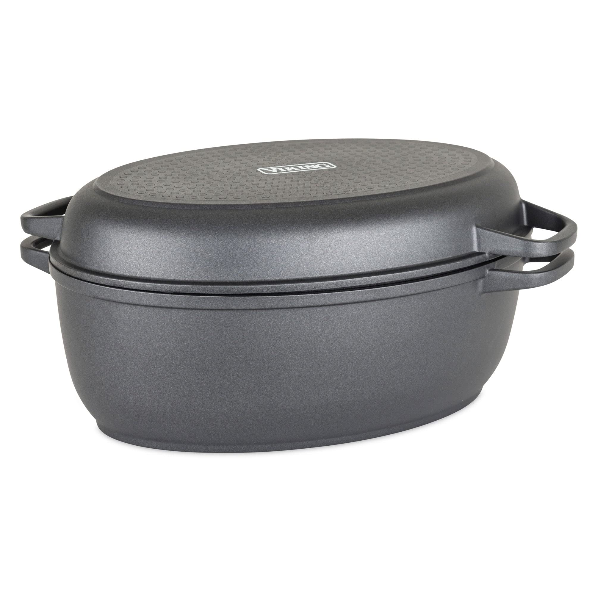 Viking Culinary 3-in-1 8.6 Qt Die Cast Oval Roaster with Glass Basting Lid, Gray