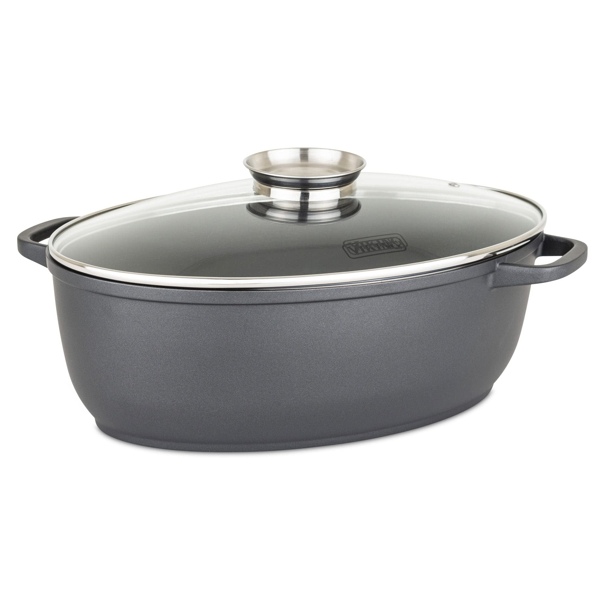 Viking Culinary 3-in-1 8.6 Qt Die Cast Oval Roaster with Glass Basting Lid, Gray