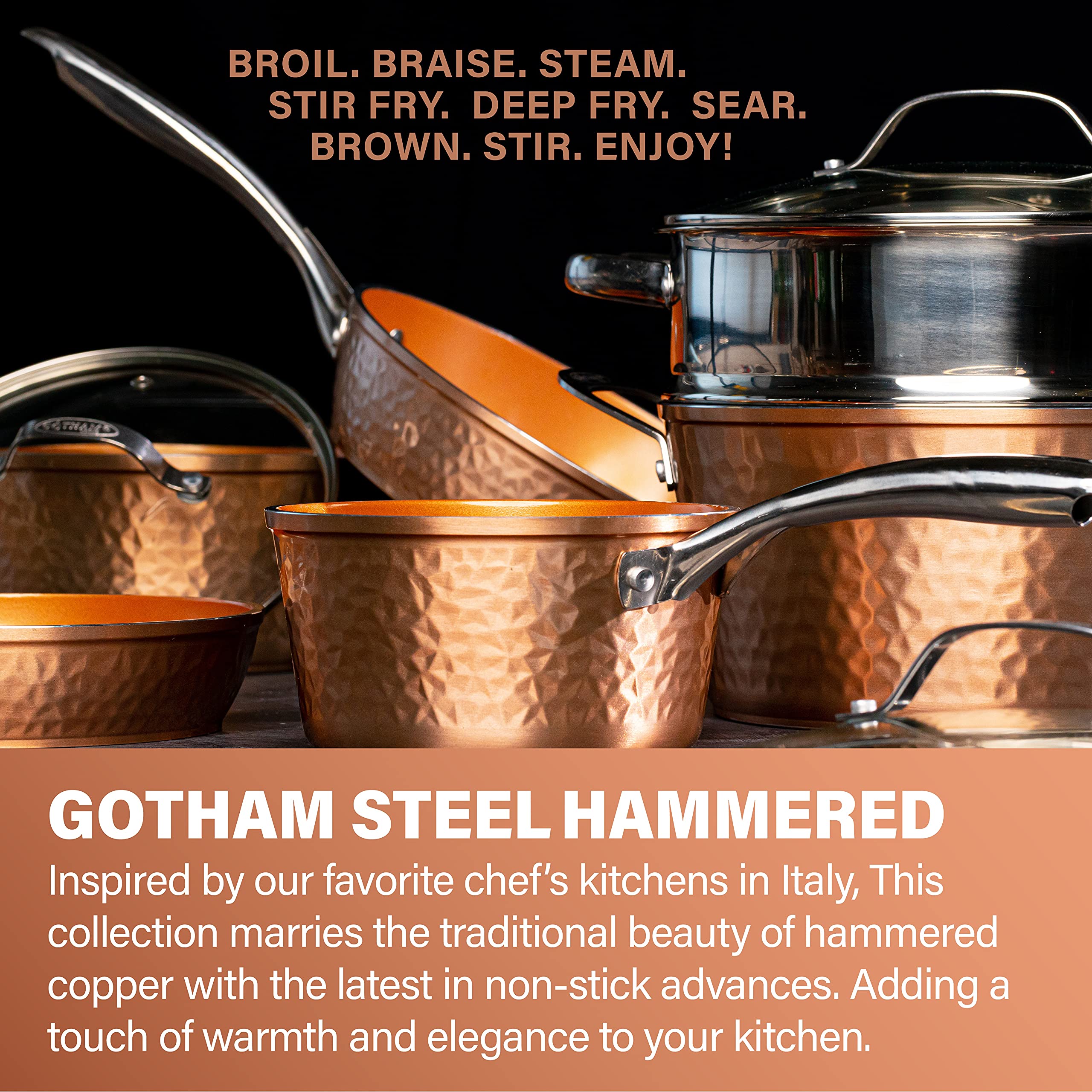 Gotham Steel 12” Nonstick Fry Pan & Oven Safe & Hammered Copper Collection – Mini 5.5” Egg Pan, Premier Nonstick Aluminum Cookware with Rubber Grip Handle, Dishwasher & Oven Safe up to 500° F