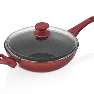 SAFLON Titanium Nonstick 11 Inch Wok and Stir Fry Pan with Glass Lid Forged Aluminum with PFOA Free Scratch Resistant (Red)