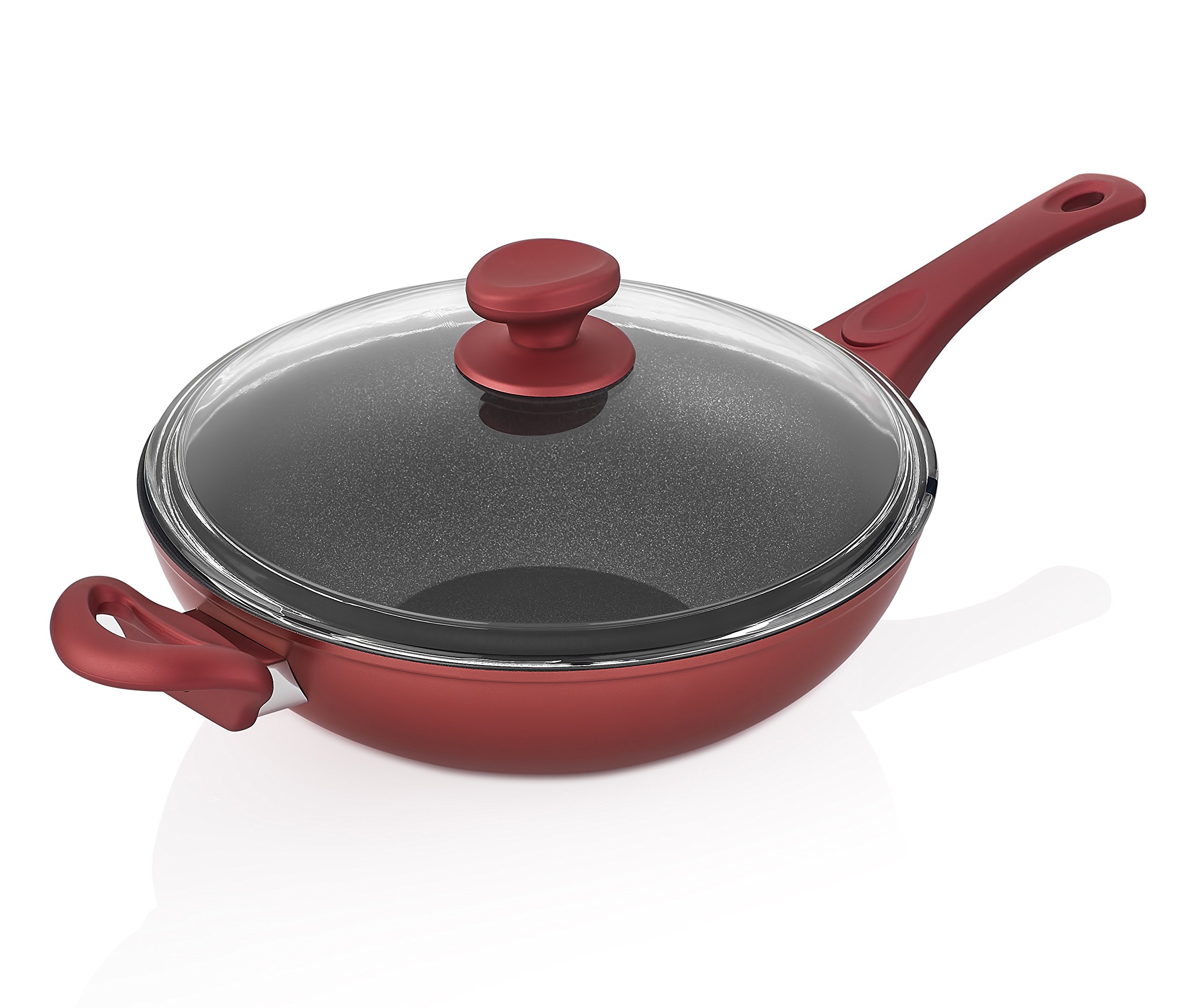 SAFLON Titanium Nonstick 11 Inch Wok and Stir Fry Pan with Glass Lid Forged Aluminum with PFOA Free Scratch Resistant (Red)