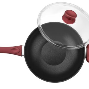 SAFLON Titanium Nonstick 11 Inch Wok and Stir Fry Pan with Glass Lid Forged Aluminum with PFOA Free Scratch Resistant (Red)