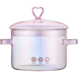 yarnow clear glass stock pot, glass saucepan, clear glass cooking pot with lid, double handles (53 oz/1.5 l, heart lid, pink)