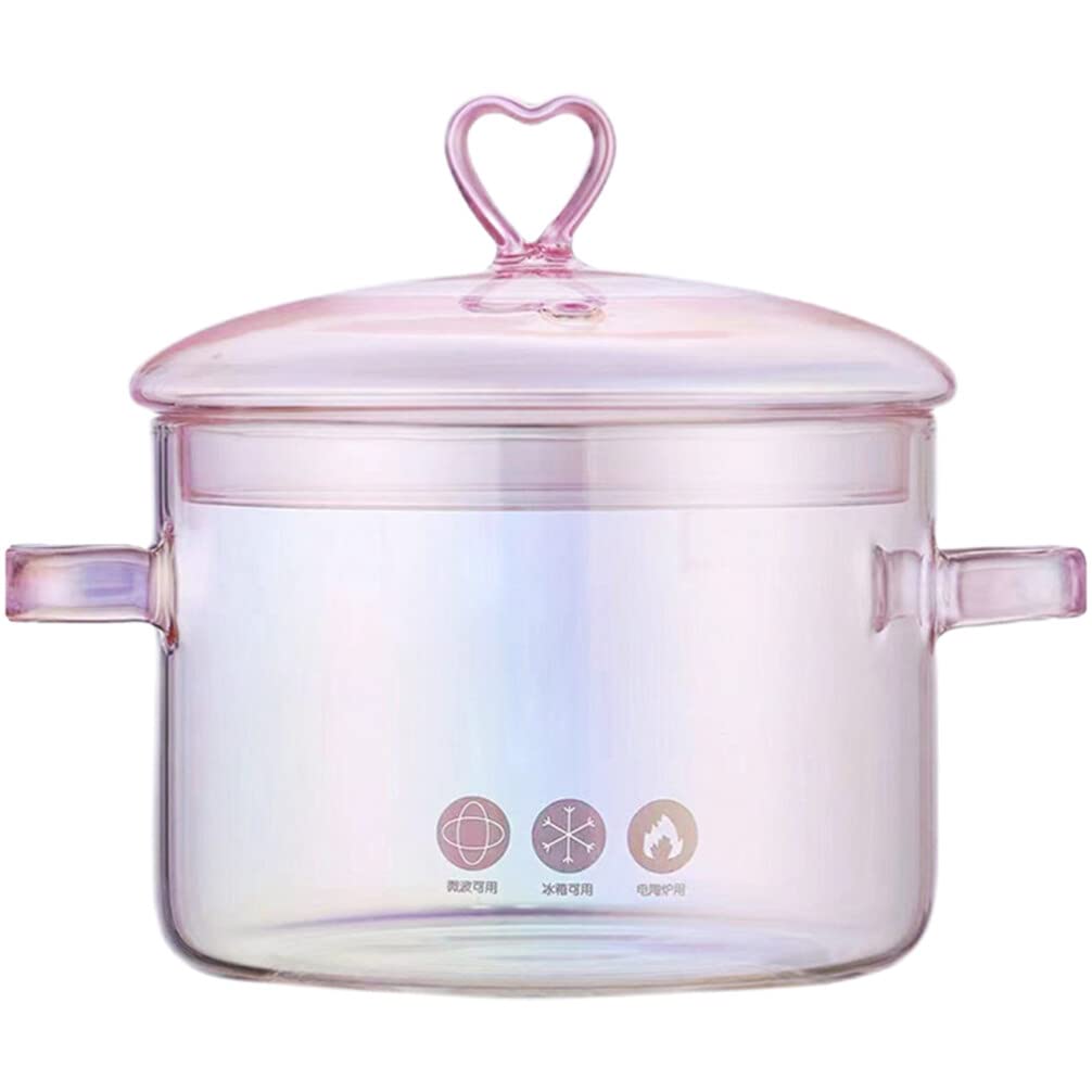 YARNOW Clear Glass Stock Pot, Glass Saucepan, Clear Glass Cooking Pot with Lid, Double Handles (53 Oz/1.5 L, Heart Lid, Pink)