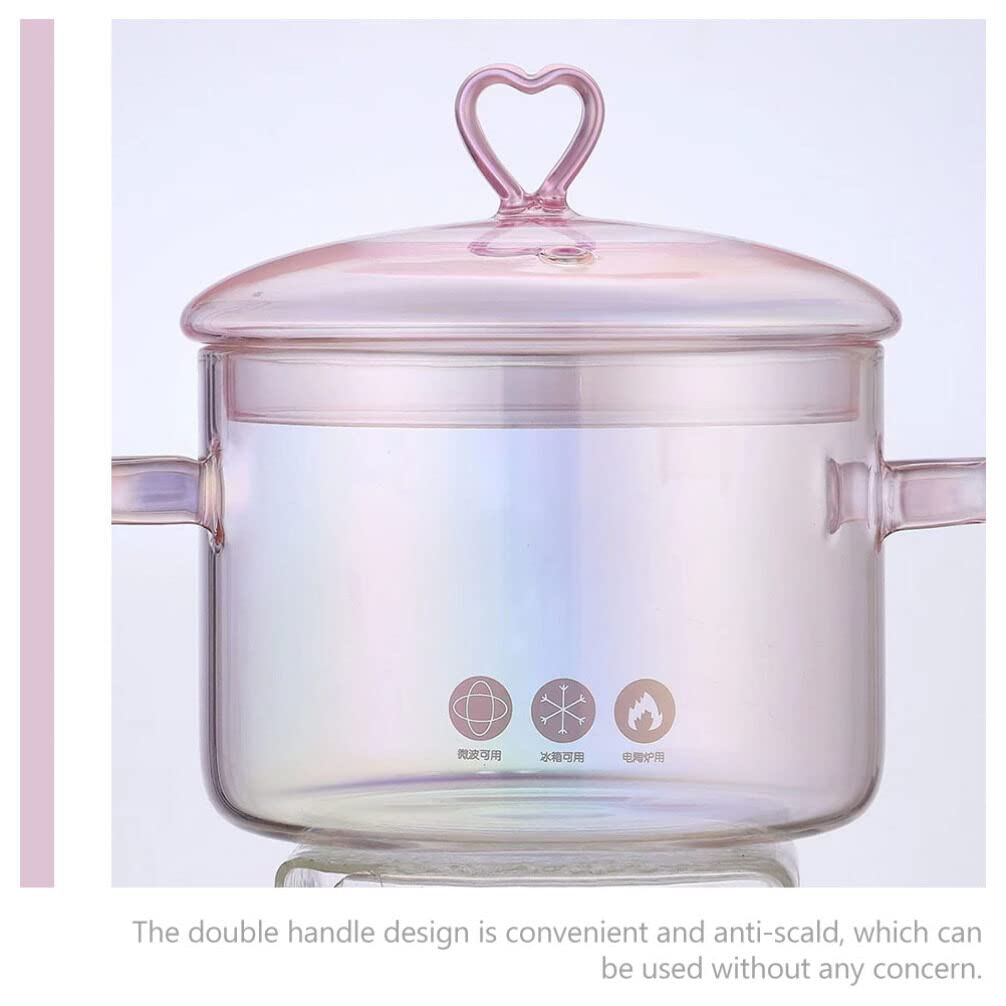 YARNOW Clear Glass Stock Pot, Glass Saucepan, Clear Glass Cooking Pot with Lid, Double Handles (53 Oz/1.5 L, Heart Lid, Pink)