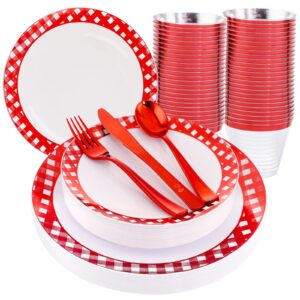 morejoy 150pcs christmas plates plastic - red white plastic plates disposable, includes: 25 dessert plates, 25 dinner plates, 25 knives, 25forks, 25 spoons, 25cups perfect for chrismtas party