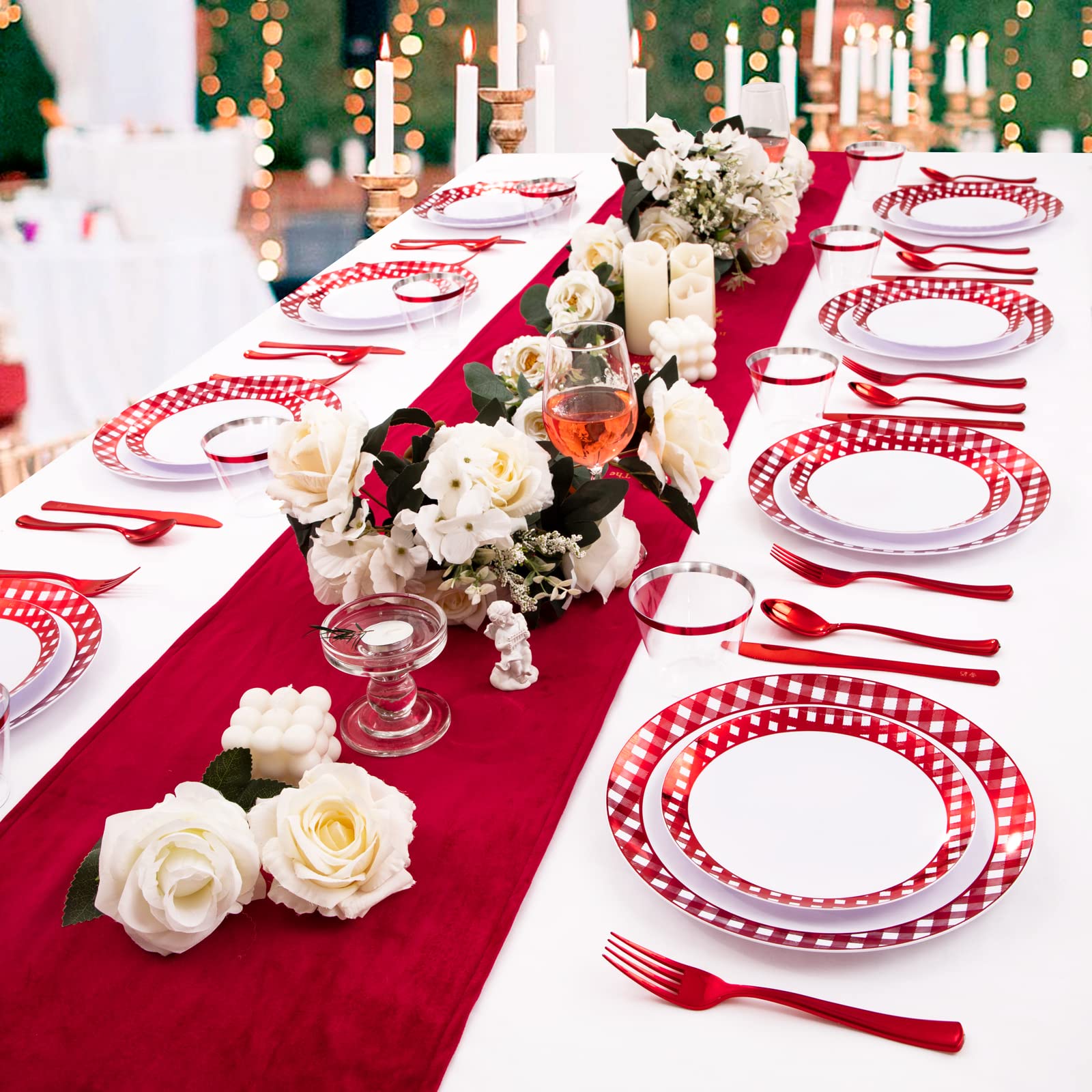 Morejoy 150PCS Christmas Plates Plastic - Red White Plastic Plates Disposable, Includes: 25 Dessert Plates, 25 Dinner Plates, 25 Knives, 25Forks, 25 Spoons, 25Cups Perfect for Chrismtas Party