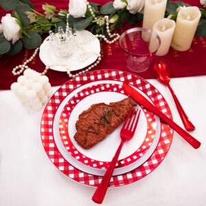 Morejoy 150PCS Christmas Plates Plastic - Red White Plastic Plates Disposable, Includes: 25 Dessert Plates, 25 Dinner Plates, 25 Knives, 25Forks, 25 Spoons, 25Cups Perfect for Chrismtas Party