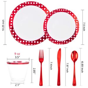 Morejoy 150PCS Christmas Plates Plastic - Red White Plastic Plates Disposable, Includes: 25 Dessert Plates, 25 Dinner Plates, 25 Knives, 25Forks, 25 Spoons, 25Cups Perfect for Chrismtas Party