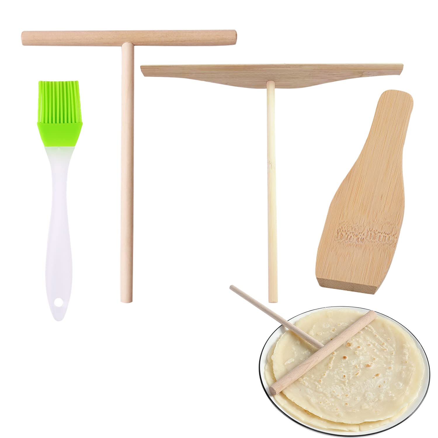 4 Pcs Crepe Spreader Stick and Spatula Kit with Random Color Oil Brush for Fit Large Crepe Pan Maker