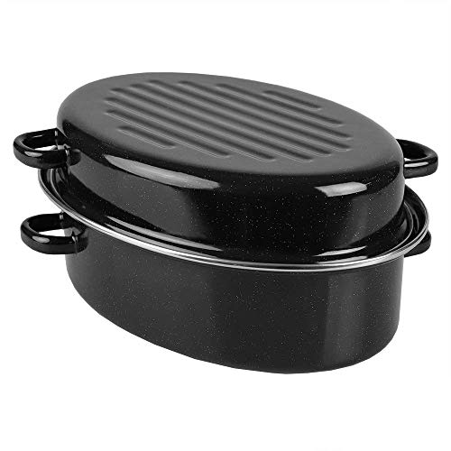 14" Enameled Roasting Pan With Lid, By Home Basics (Black) | Turkey Roasting Pan | Carbon Steel Large Turkey Roasting Pan | For Turkey, Stew, and Pot Roast