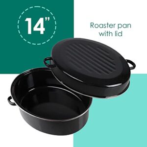 14" Enameled Roasting Pan With Lid, By Home Basics (Black) | Turkey Roasting Pan | Carbon Steel Large Turkey Roasting Pan | For Turkey, Stew, and Pot Roast