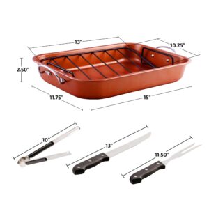 OVENTE Kitchen Oven Roasting Pan Nonstick Carbon Steel Baking Tray with V-Shaped Design Rack and Carving Knife Set, Easy Clean Dishwasher Safe & Cooking Roasting Turkey, Chicken, Copper CWR24619CO