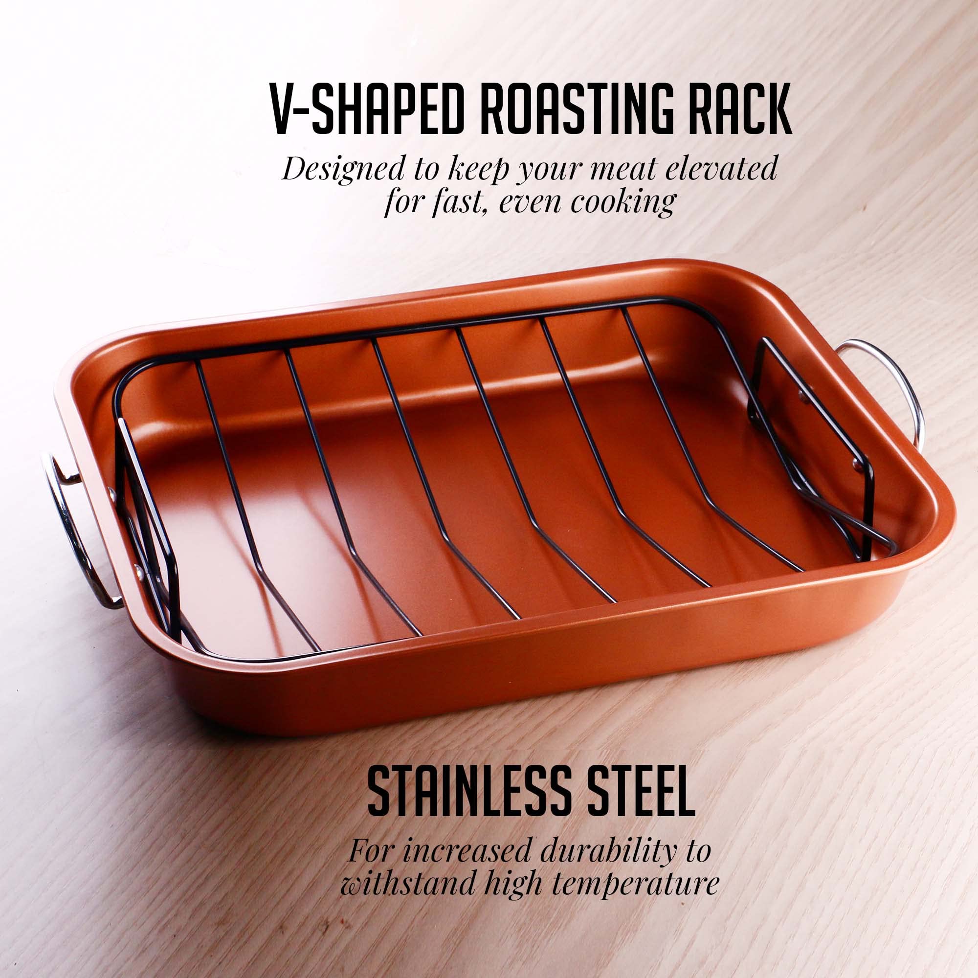 OVENTE Kitchen Oven Roasting Pan Nonstick Carbon Steel Baking Tray with V-Shaped Design Rack and Carving Knife Set, Easy Clean Dishwasher Safe & Cooking Roasting Turkey, Chicken, Copper CWR24619CO