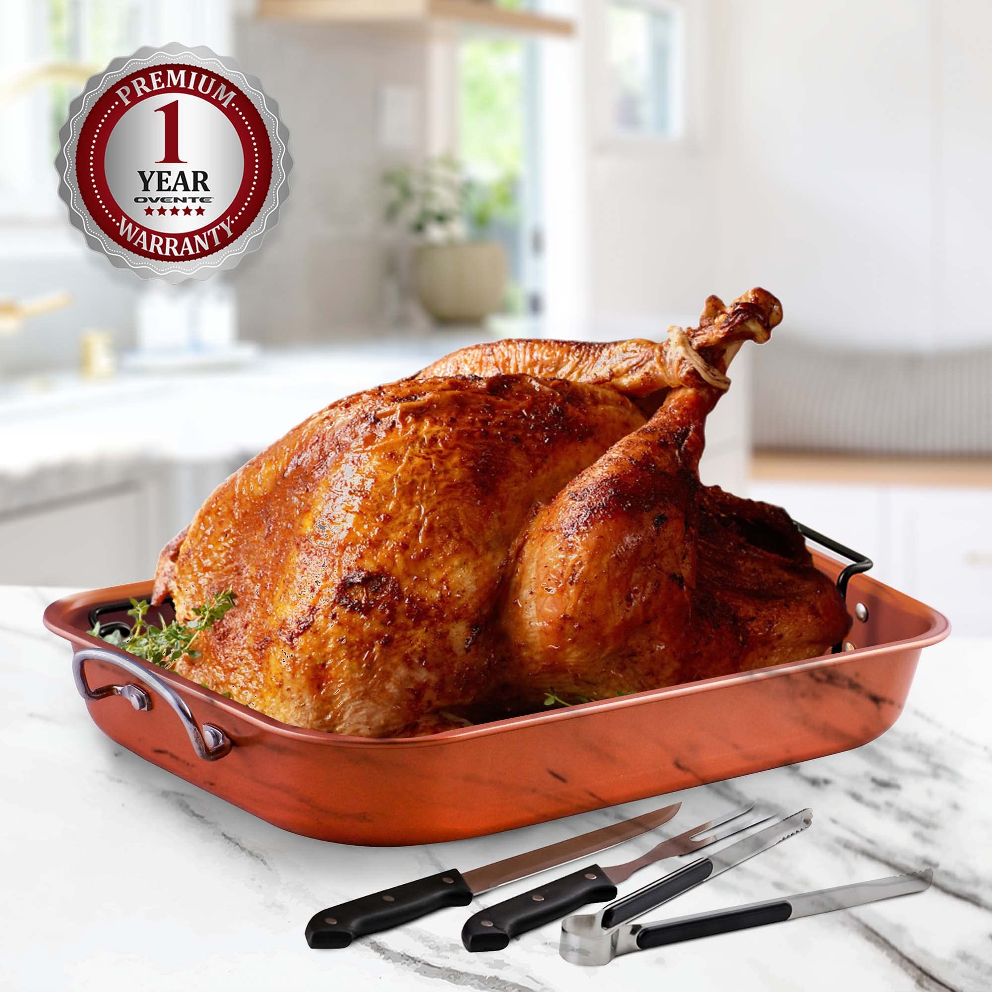 OVENTE Kitchen Oven Roasting Pan Nonstick Carbon Steel Baking Tray with V-Shaped Design Rack and Carving Knife Set, Easy Clean Dishwasher Safe & Cooking Roasting Turkey, Chicken, Copper CWR24619CO