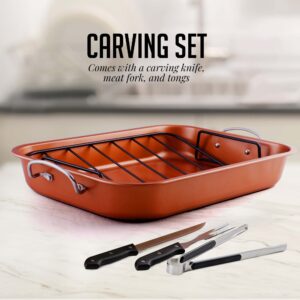 OVENTE Kitchen Oven Roasting Pan Nonstick Carbon Steel Baking Tray with V-Shaped Design Rack and Carving Knife Set, Easy Clean Dishwasher Safe & Cooking Roasting Turkey, Chicken, Copper CWR24619CO