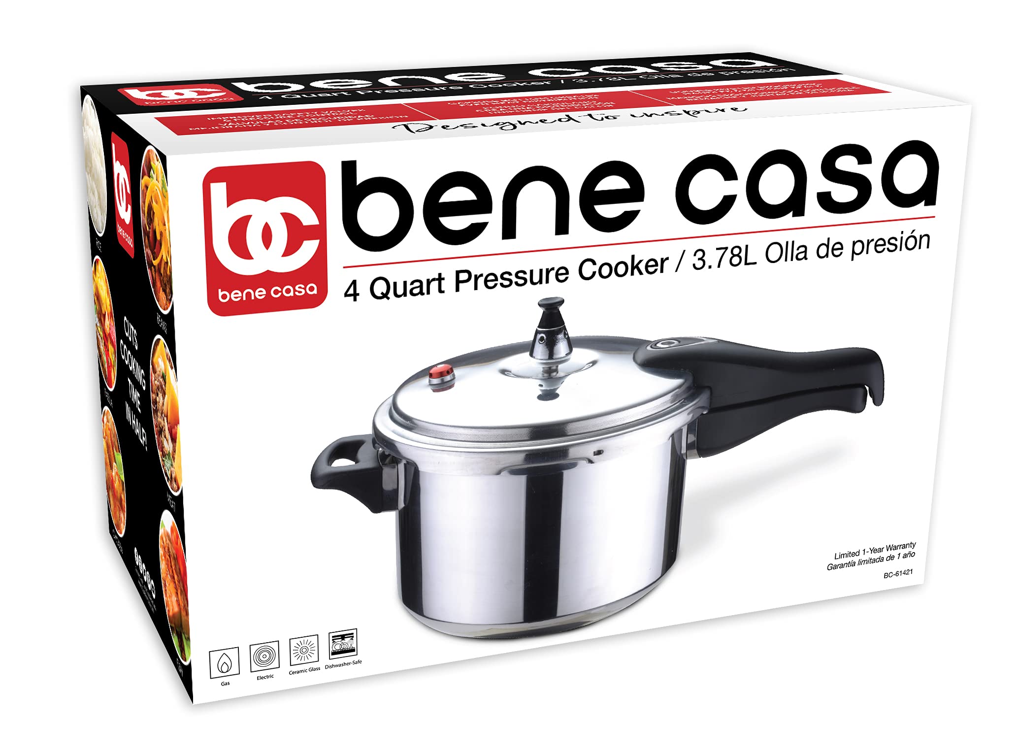 Bene Casa - Aluminum Pressure Cooker (4 Quart) - Includes Pressure Alarm and a Sure-locking Lid System - Dishwasher Safe