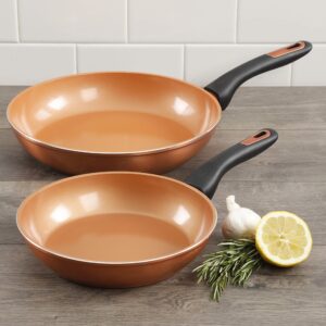 Gibson Home Eco-Friendly Hummington with Induction Base Forged Aluminum Non-Stick Ceramic Cookware with Soft Touch Bakelite Handle, 2-Piece Fry Pan Set (8" & 10"), Metallic Copper