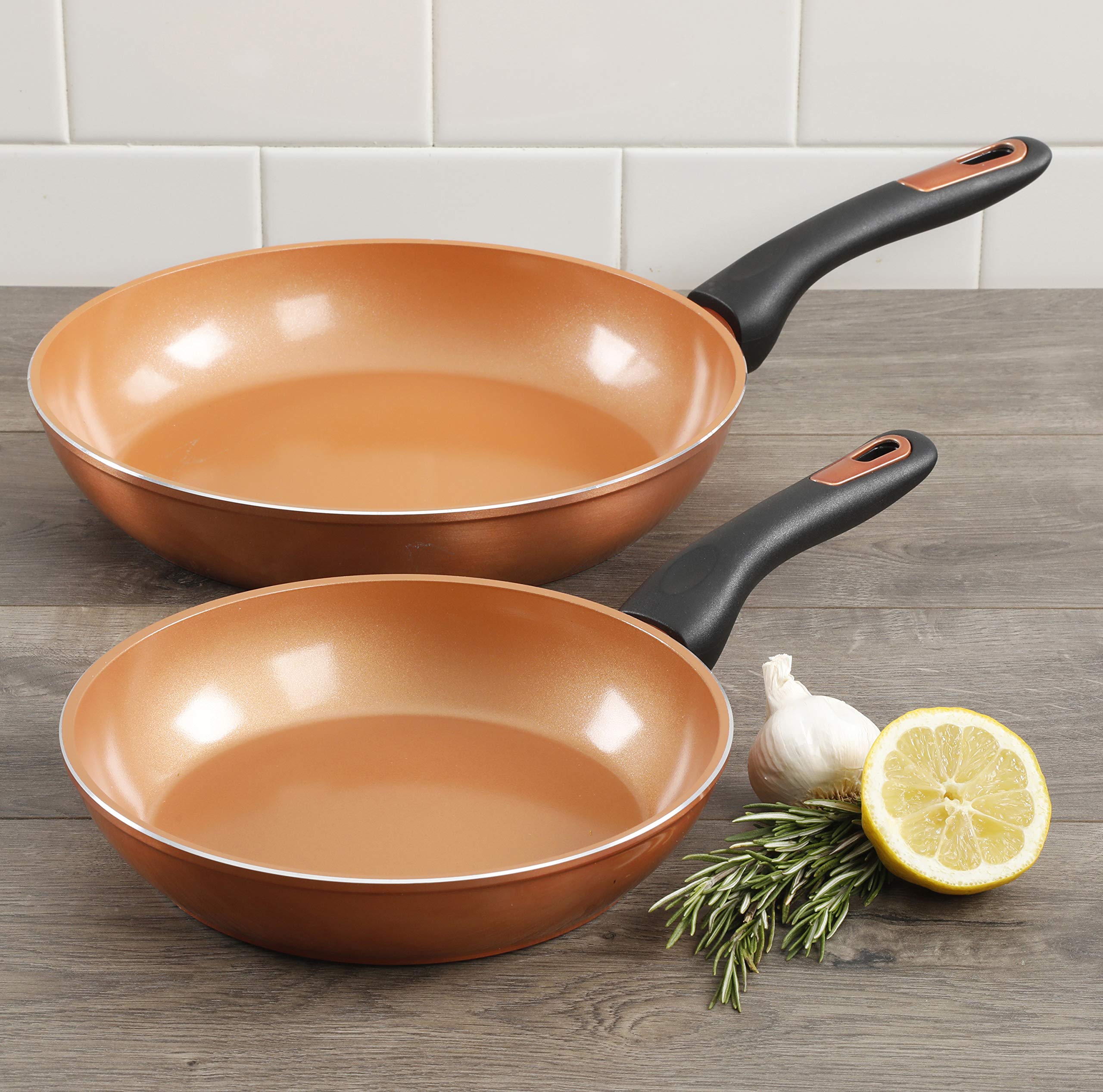 Gibson Home Eco-Friendly Hummington with Induction Base Forged Aluminum Non-Stick Ceramic Cookware with Soft Touch Bakelite Handle, 2-Piece Fry Pan Set (8" & 10"), Metallic Copper