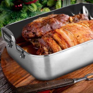 Roasting Pan with Polished Rack, Wide Handle, and Stainless Steel Lid, Turkey Chicken Roasting Pan Great for Thanksgiving Dinners, Tender Roast, Deep Dishes, and More