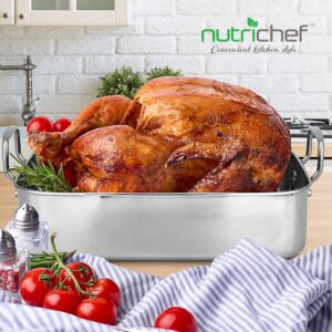 Roasting Pan with Polished Rack, Wide Handle, and Stainless Steel Lid, Turkey Chicken Roasting Pan Great for Thanksgiving Dinners, Tender Roast, Deep Dishes, and More