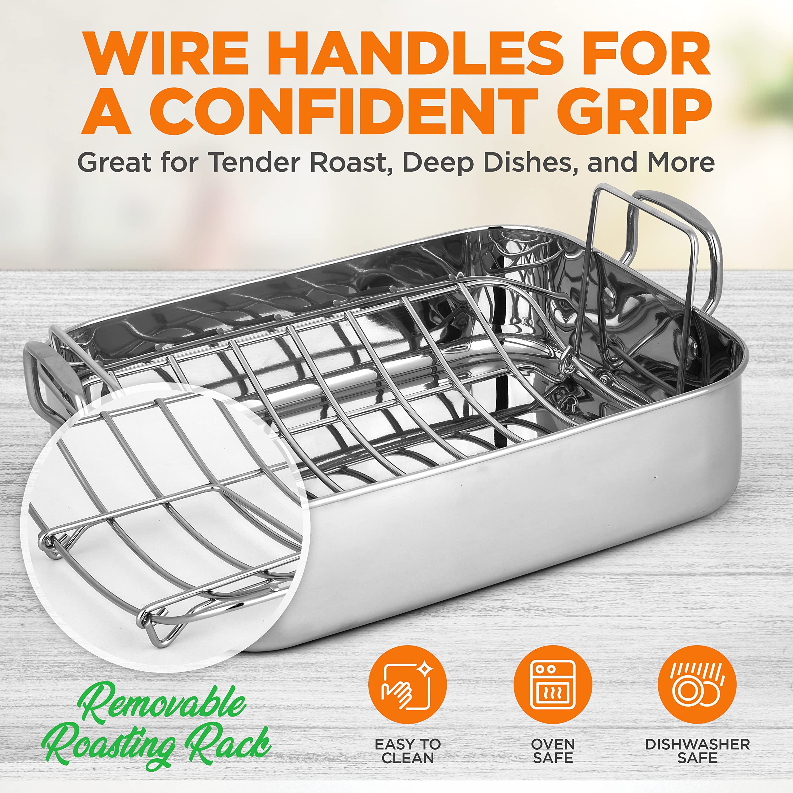 Roasting Pan with Polished Rack, Wide Handle, and Stainless Steel Lid, Turkey Chicken Roasting Pan Great for Thanksgiving Dinners, Tender Roast, Deep Dishes, and More